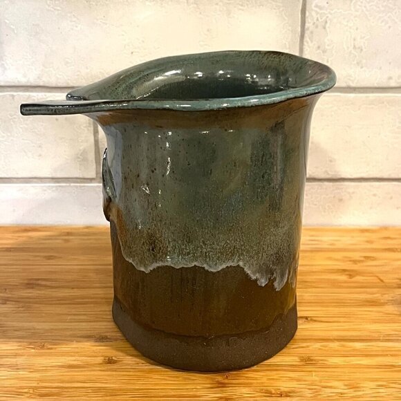 Signed Handmade Studio Art Pottery Vase with Drip Glaze Unique Green Brown - Picture 6 of 11